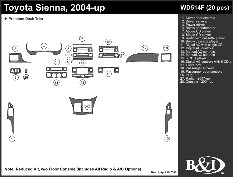 E Toyota Sienna 04-up Dash Kit by B&I